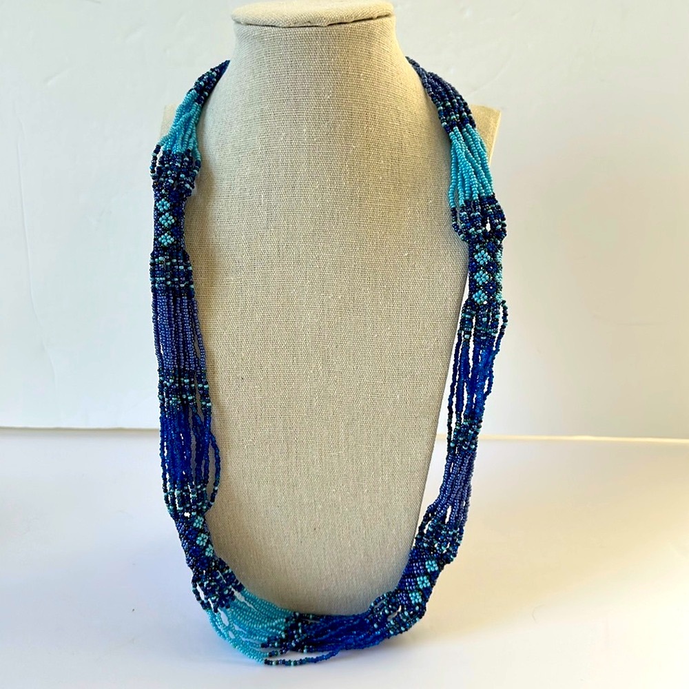 Hand Beaded Multi Strand 30” Necklace Blue & Teal Handmade in Costa Rica